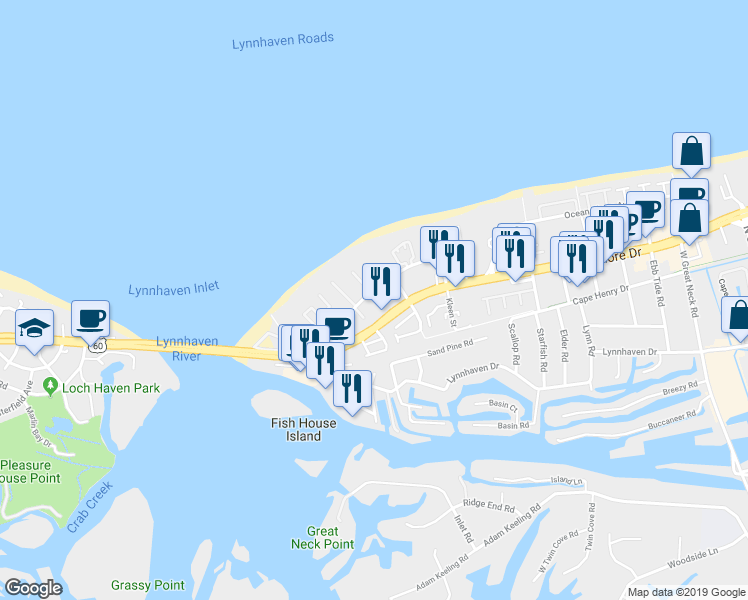 map of restaurants, bars, coffee shops, grocery stores, and more near 3235 Page Avenue in Virginia Beach