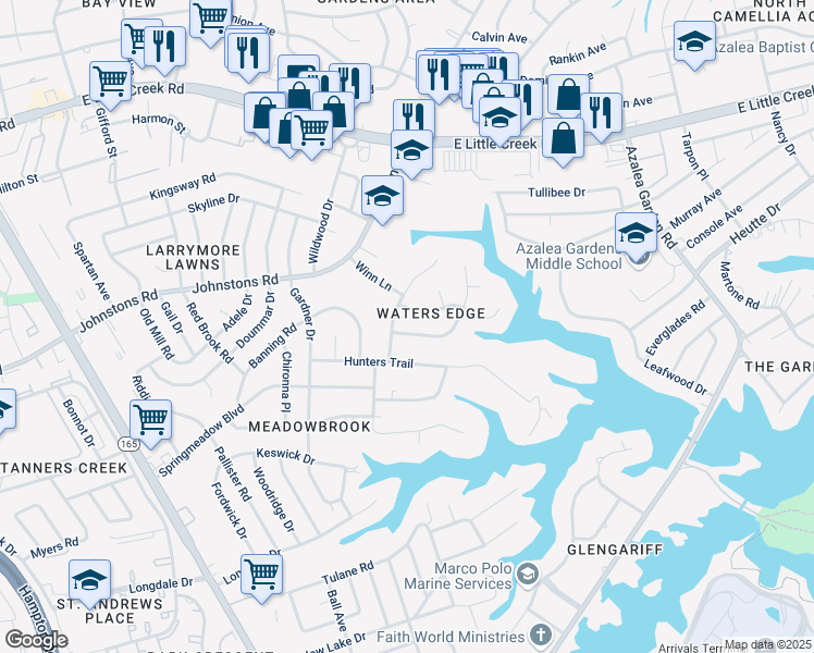 map of restaurants, bars, coffee shops, grocery stores, and more near 1901 Grayfalcon Drive in Norfolk
