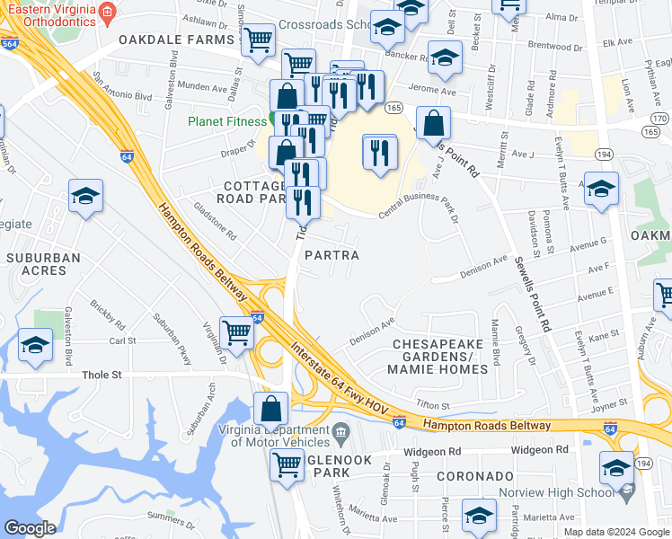 map of restaurants, bars, coffee shops, grocery stores, and more near 7431 Tyndale Court in Norfolk