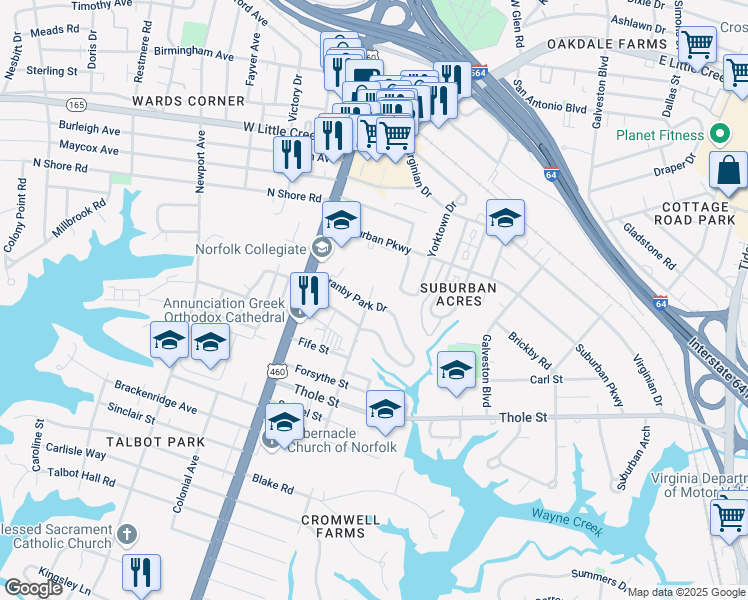 map of restaurants, bars, coffee shops, grocery stores, and more near 200 Granby Park Drive in Norfolk