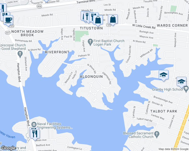 map of restaurants, bars, coffee shops, grocery stores, and more near 1067 North Shore Road in Norfolk