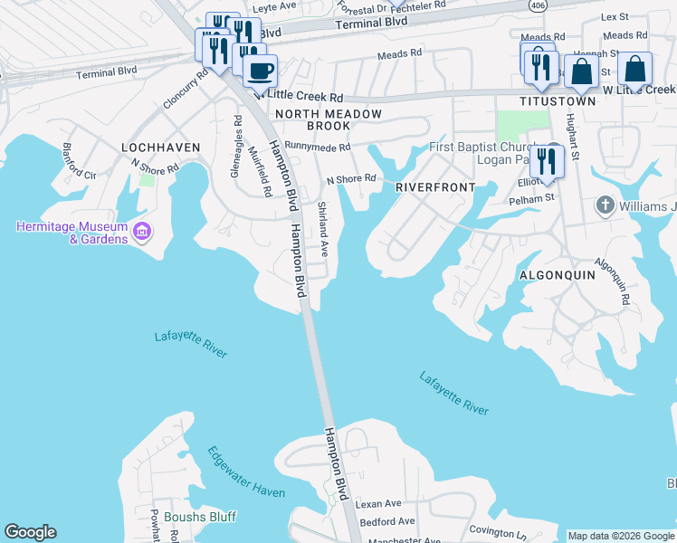 map of restaurants, bars, coffee shops, grocery stores, and more near 7218 Shirland Avenue in Norfolk