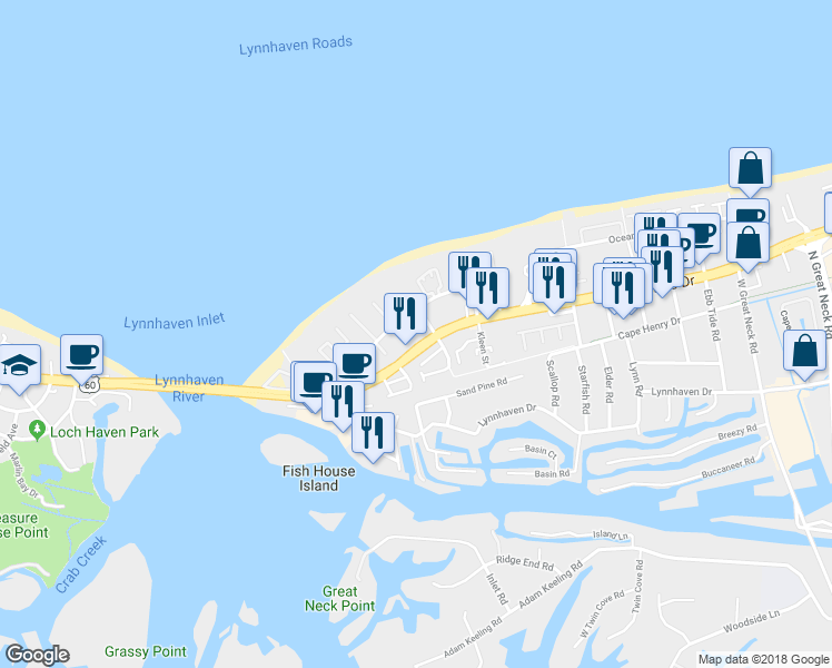 map of restaurants, bars, coffee shops, grocery stores, and more near 3214 Shore Drive in Virginia Beach