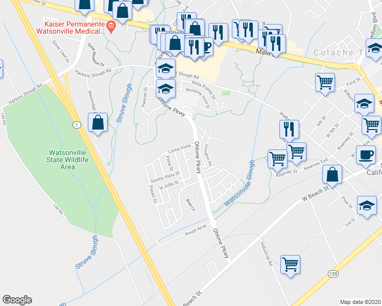 map of restaurants, bars, coffee shops, grocery stores, and more near 10 Porta Vista Court in Watsonville