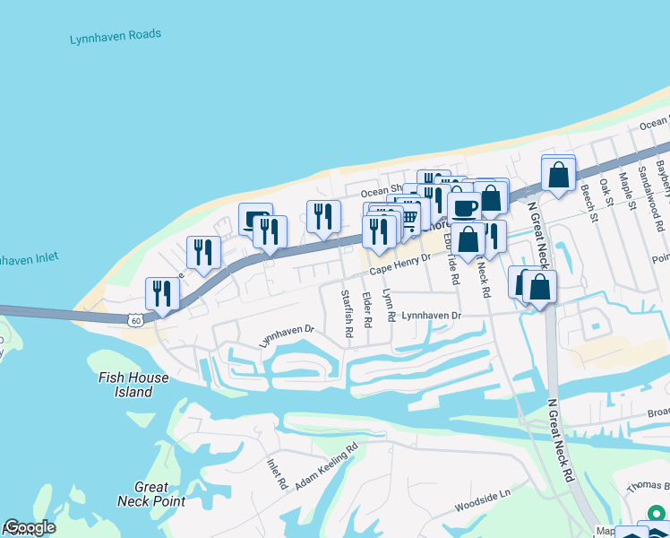 map of restaurants, bars, coffee shops, grocery stores, and more near 2249 Starfish Road in Virginia Beach