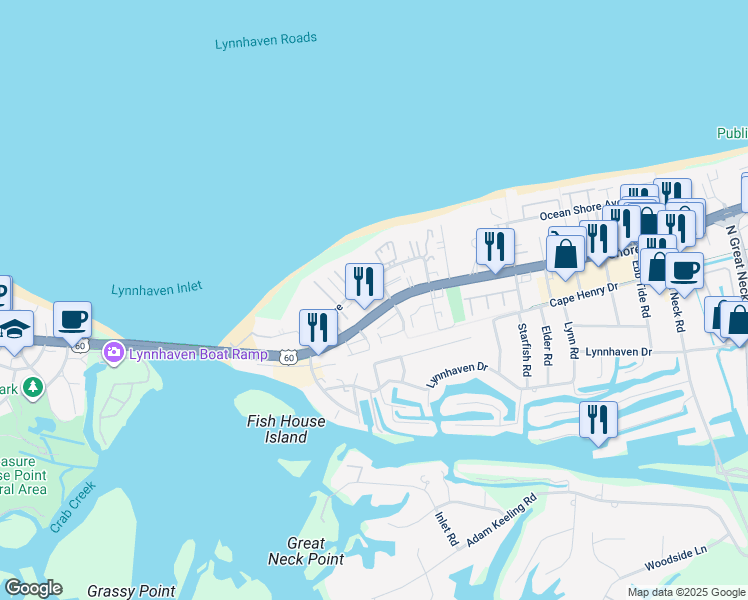 map of restaurants, bars, coffee shops, grocery stores, and more near 3214 Shore Drive in Virginia Beach