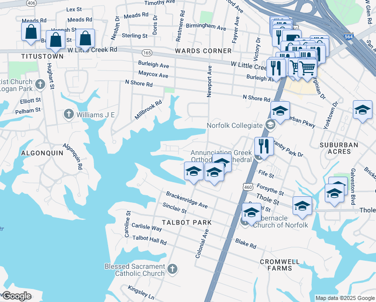 map of restaurants, bars, coffee shops, grocery stores, and more near 7221 Newport Avenue in Norfolk