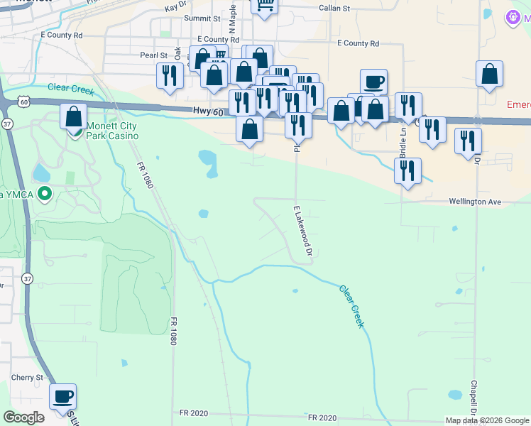 map of restaurants, bars, coffee shops, grocery stores, and more near 986 Lakewood Drive in Monett