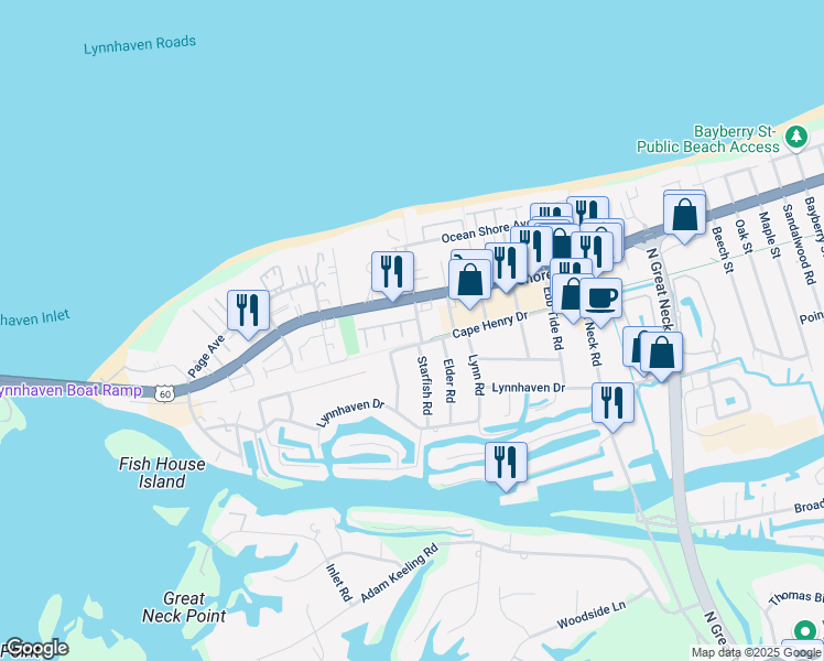 map of restaurants, bars, coffee shops, grocery stores, and more near 2249 Starfish Road in Virginia Beach