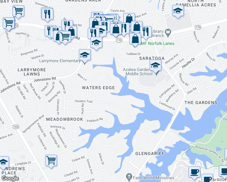 map of restaurants, bars, coffee shops, grocery stores, and more near 2013 Foxs Lair Trail in Norfolk