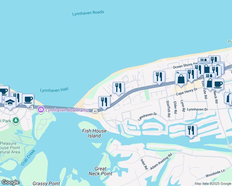 map of restaurants, bars, coffee shops, grocery stores, and more near 3235 Page Avenue in Virginia Beach
