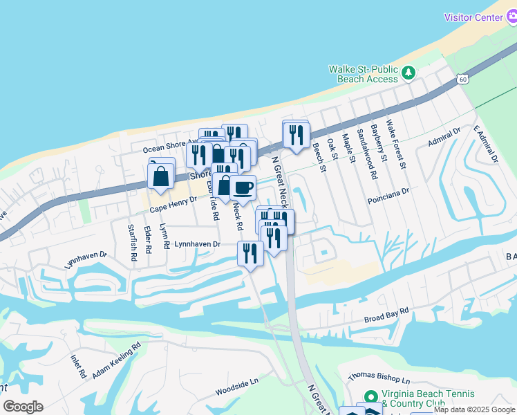 map of restaurants, bars, coffee shops, grocery stores, and more near 2376 Cape Arbor Drive in Virginia Beach