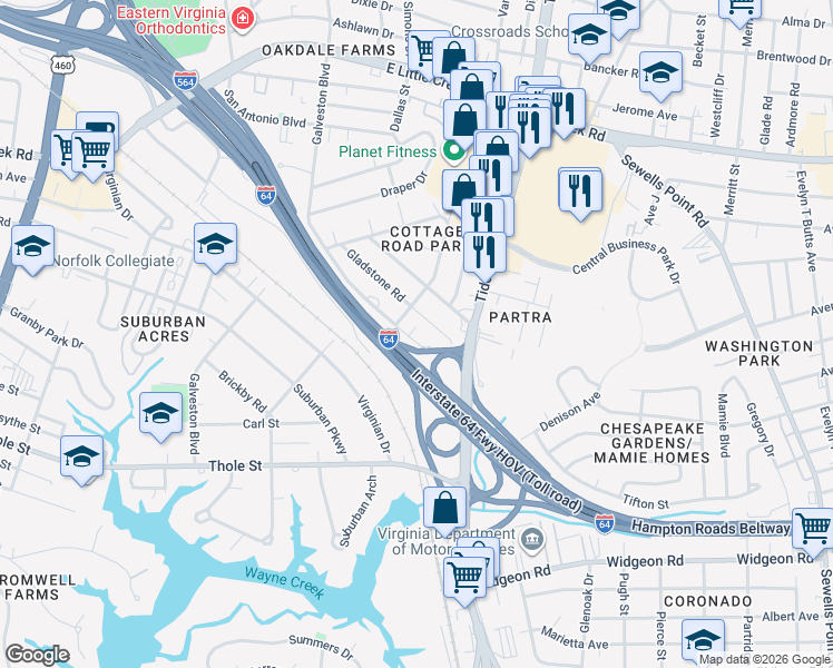 map of restaurants, bars, coffee shops, grocery stores, and more near 616 Naval Base Road in Norfolk