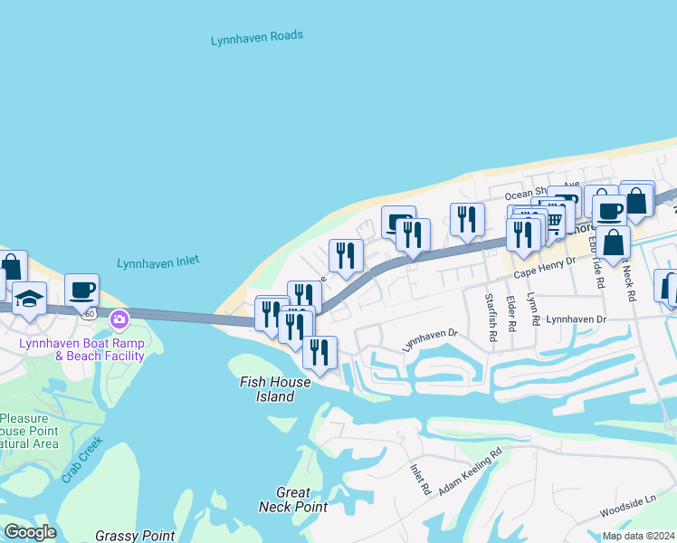 map of restaurants, bars, coffee shops, grocery stores, and more near 3221 Page Avenue in Virginia Beach