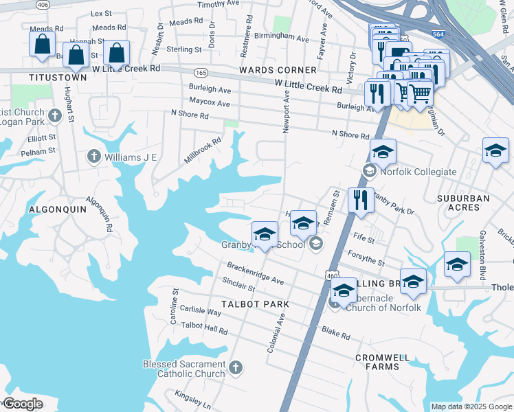 map of restaurants, bars, coffee shops, grocery stores, and more near 7221 Newport Avenue in Norfolk