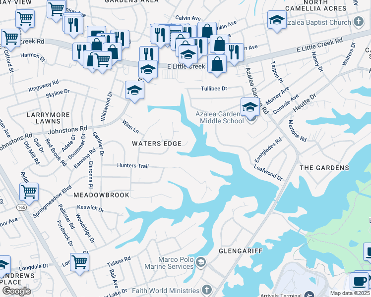 map of restaurants, bars, coffee shops, grocery stores, and more near 2019 Foxs Lair Trail in Norfolk
