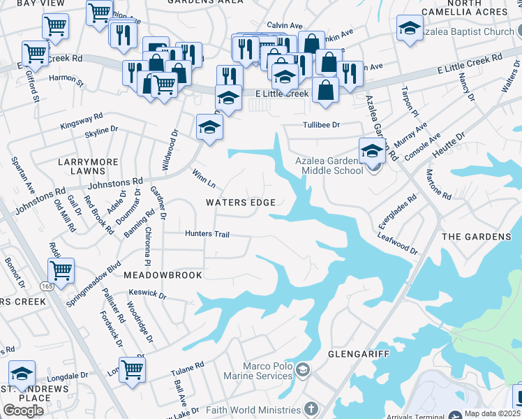 map of restaurants, bars, coffee shops, grocery stores, and more near 2013 Foxs Lair Trail in Norfolk