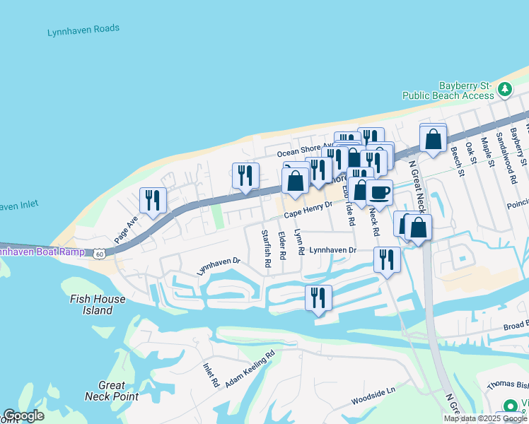 map of restaurants, bars, coffee shops, grocery stores, and more near 2256 Starfish Road in Virginia Beach