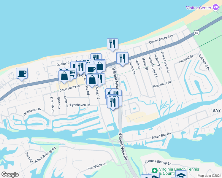 map of restaurants, bars, coffee shops, grocery stores, and more near 2260 Cape Arbor Dr in Virginia Beach