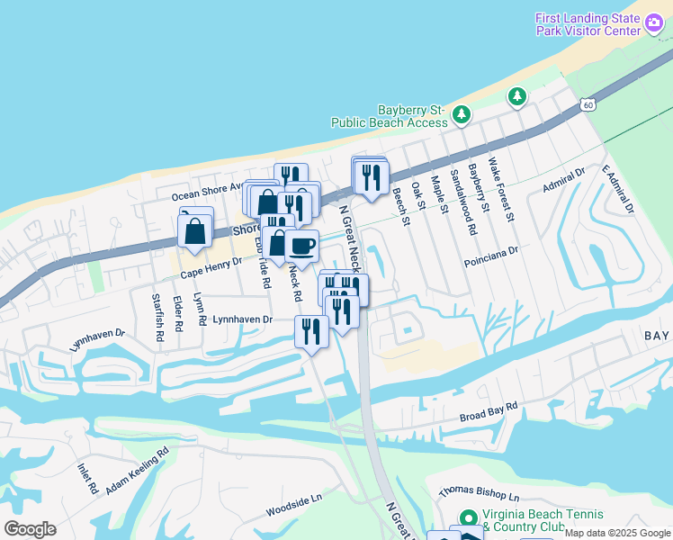 map of restaurants, bars, coffee shops, grocery stores, and more near 2389 Cape Arbor Drive in Virginia Beach