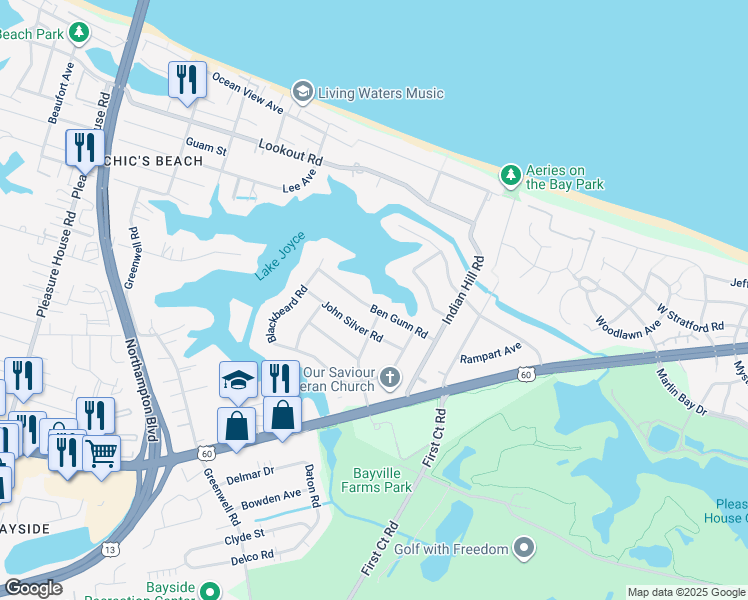map of restaurants, bars, coffee shops, grocery stores, and more near 4304 Ben Gunn Road in Virginia Beach