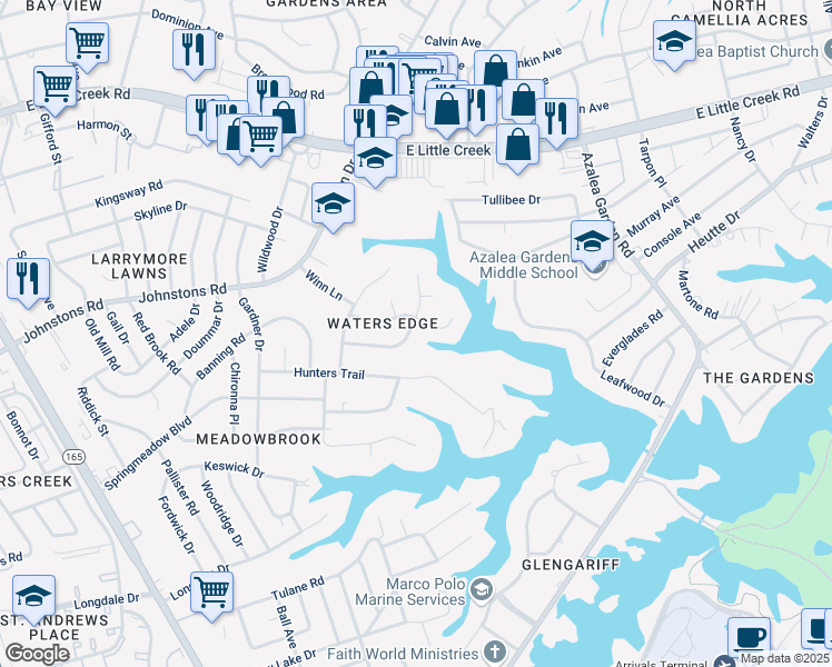 map of restaurants, bars, coffee shops, grocery stores, and more near 2013 Foxs Lair Trail in Norfolk