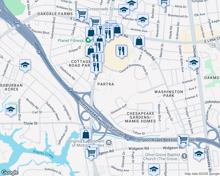 map of restaurants, bars, coffee shops, grocery stores, and more near 7431 Tyndale Court in Norfolk