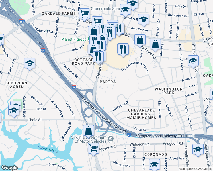 map of restaurants, bars, coffee shops, grocery stores, and more near 7431 Tyndale Court in Norfolk