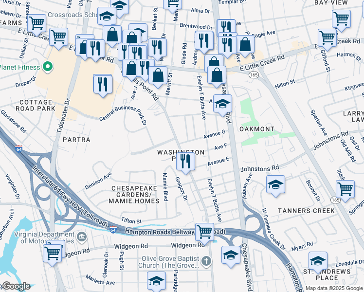 map of restaurants, bars, coffee shops, grocery stores, and more near 941 Avenue G in Norfolk