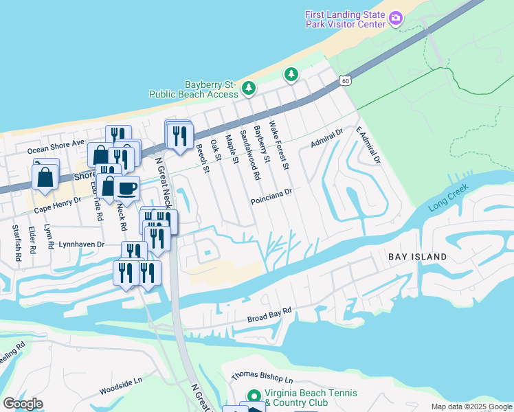map of restaurants, bars, coffee shops, grocery stores, and more near 2705 Poinciana Drive in Virginia Beach