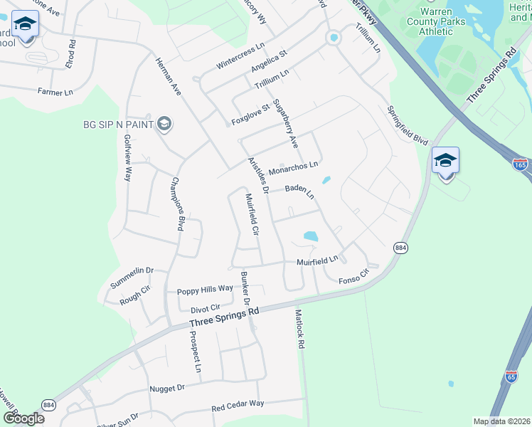 map of restaurants, bars, coffee shops, grocery stores, and more near Aristides Dr in Bowling Green