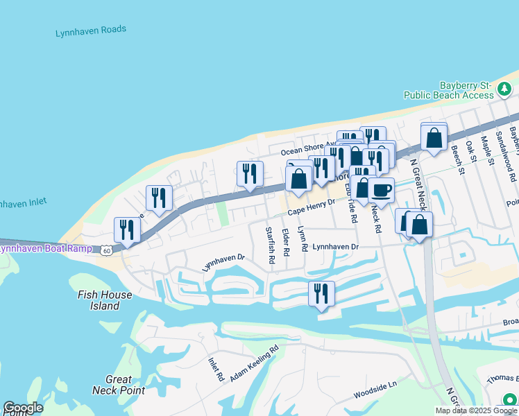 map of restaurants, bars, coffee shops, grocery stores, and more near 3035 Cape Henry Court in Virginia Beach