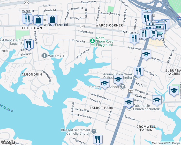 map of restaurants, bars, coffee shops, grocery stores, and more near 445 Harvard Street in Norfolk