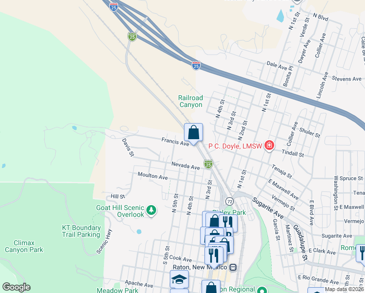 map of restaurants, bars, coffee shops, grocery stores, and more near 101-173 Francis Avenue in Raton