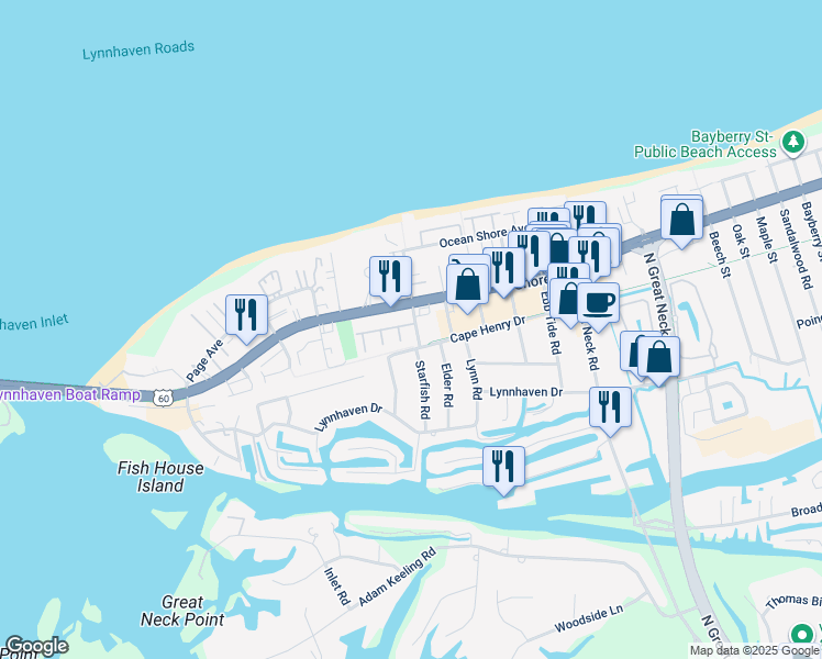 map of restaurants, bars, coffee shops, grocery stores, and more near 3019 Cape Henry Court in Virginia Beach