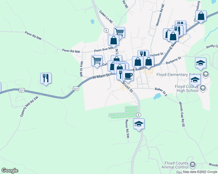 map of restaurants, bars, coffee shops, grocery stores, and more near 207 West Main Street in Floyd