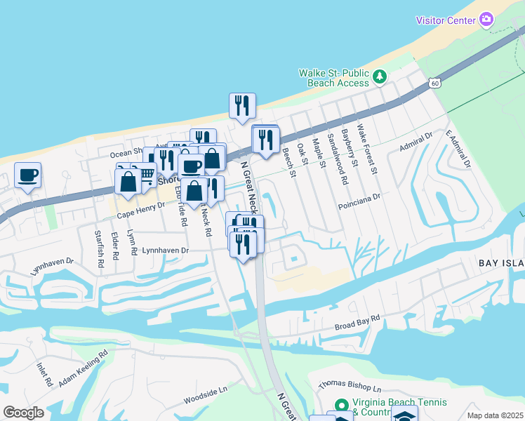 map of restaurants, bars, coffee shops, grocery stores, and more near Willow Oak Circle in Virginia Beach