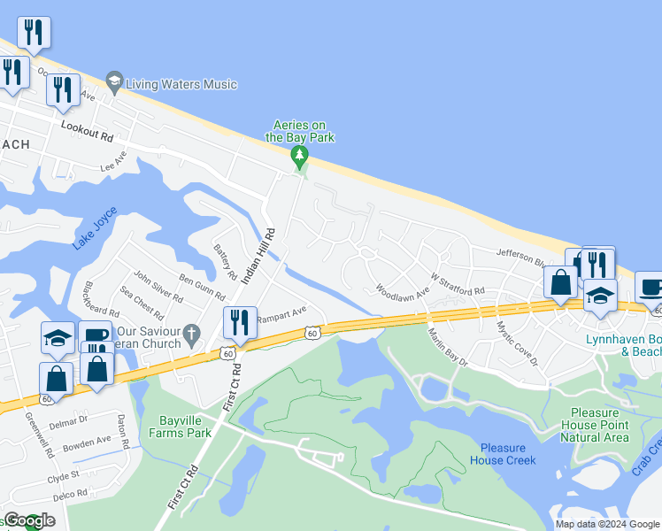 map of restaurants, bars, coffee shops, grocery stores, and more near 2210 Wood Ibis Way in Virginia Beach