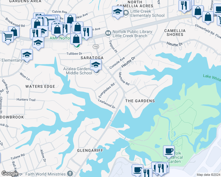 map of restaurants, bars, coffee shops, grocery stores, and more near 2435 Everglades Road in Norfolk