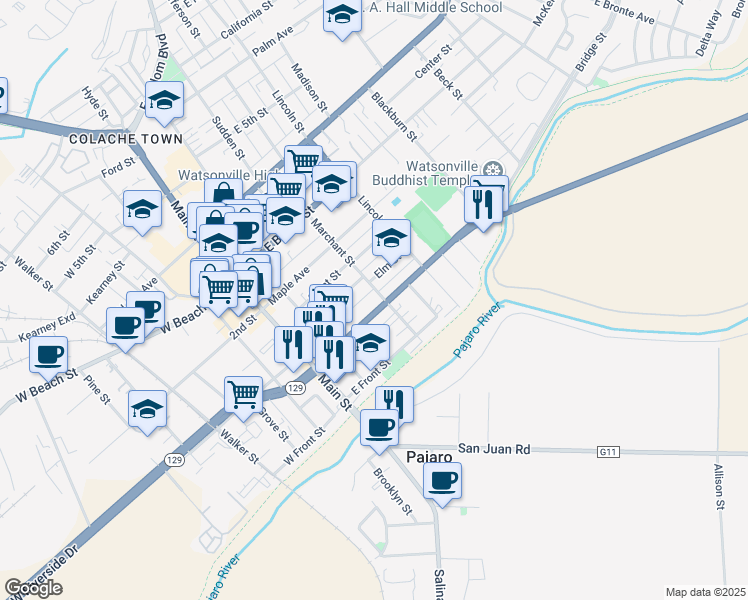 map of restaurants, bars, coffee shops, grocery stores, and more near 158 East Riverside Drive in Watsonville