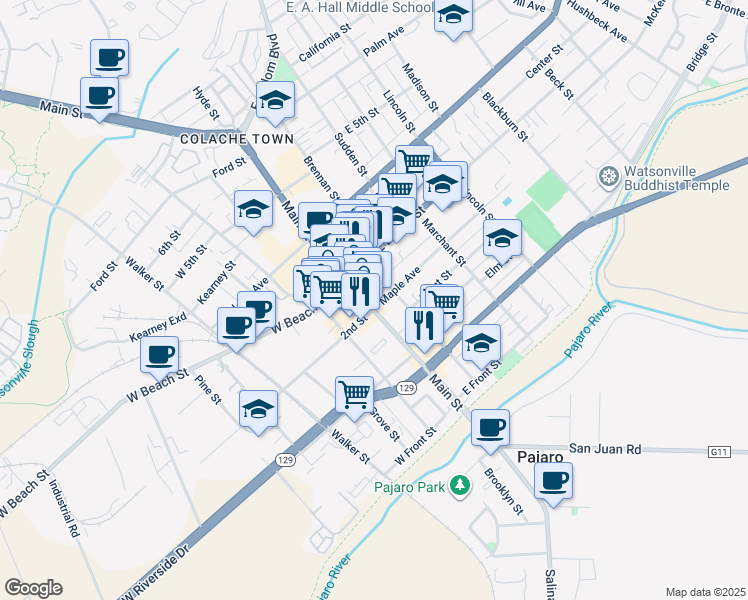 map of restaurants, bars, coffee shops, grocery stores, and more near 314 Main Street in Watsonville