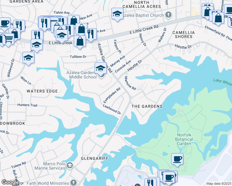 map of restaurants, bars, coffee shops, grocery stores, and more near 2435 Everglades Road in Norfolk