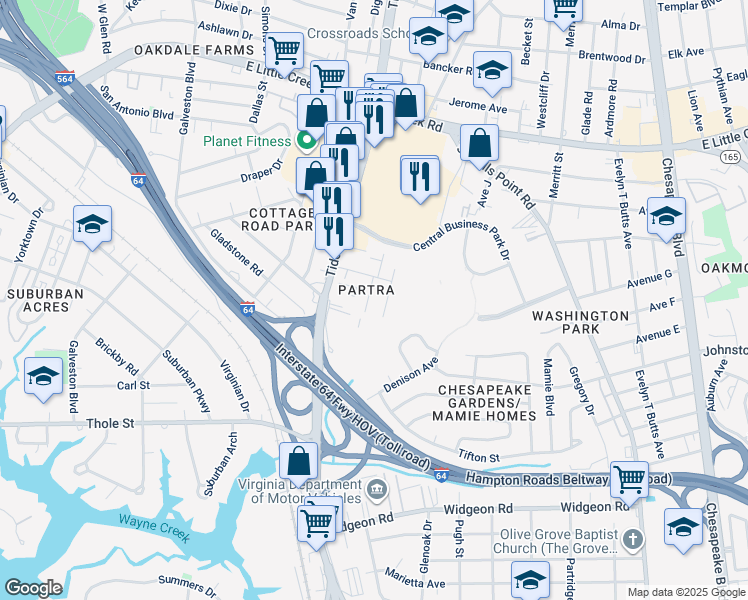 map of restaurants, bars, coffee shops, grocery stores, and more near 7431 Tyndale Court in Norfolk