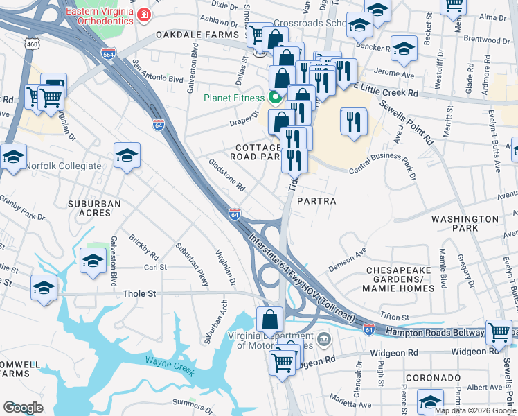 map of restaurants, bars, coffee shops, grocery stores, and more near 616 Naval Base Road in Norfolk