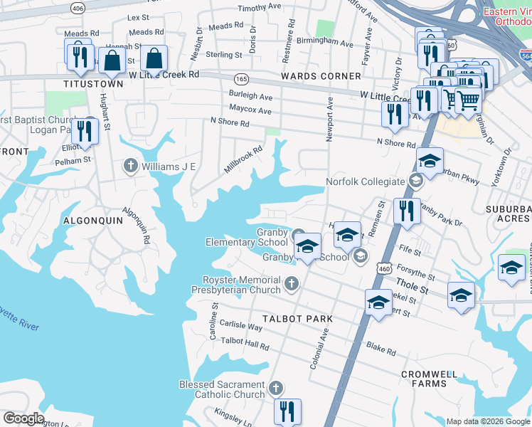 map of restaurants, bars, coffee shops, grocery stores, and more near 445 Harvard Street in Norfolk