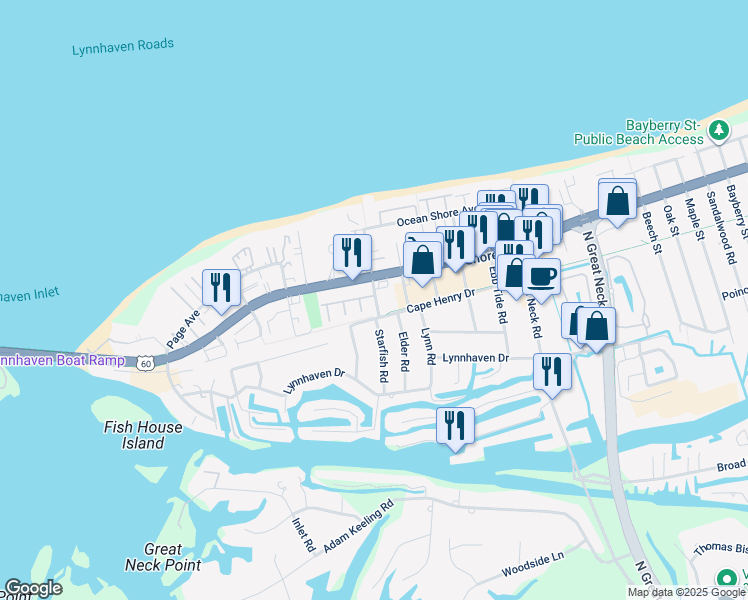 map of restaurants, bars, coffee shops, grocery stores, and more near 3007 Cape Henry Court in Virginia Beach