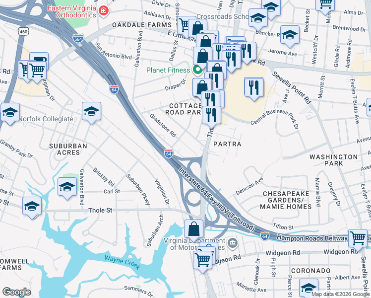 map of restaurants, bars, coffee shops, grocery stores, and more near 616 Naval Base Road in Norfolk