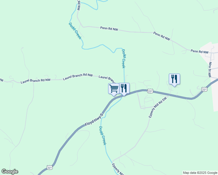 map of restaurants, bars, coffee shops, grocery stores, and more near 182 Laurel Branch Road Northwest in Floyd