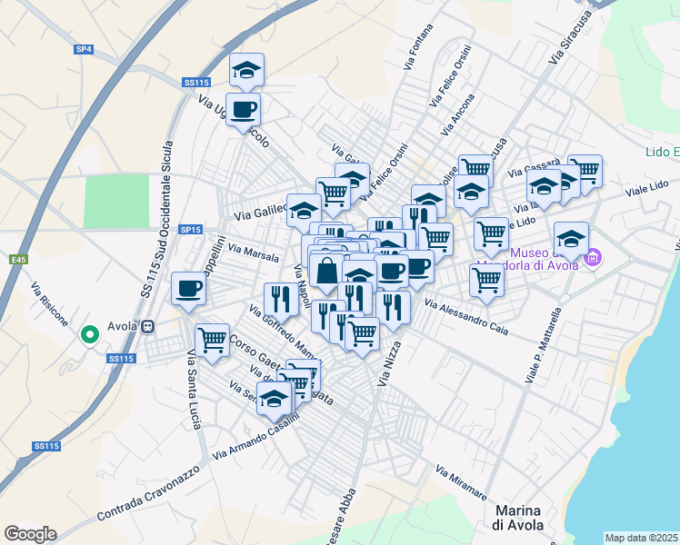 map of restaurants, bars, coffee shops, grocery stores, and more near in Avola
