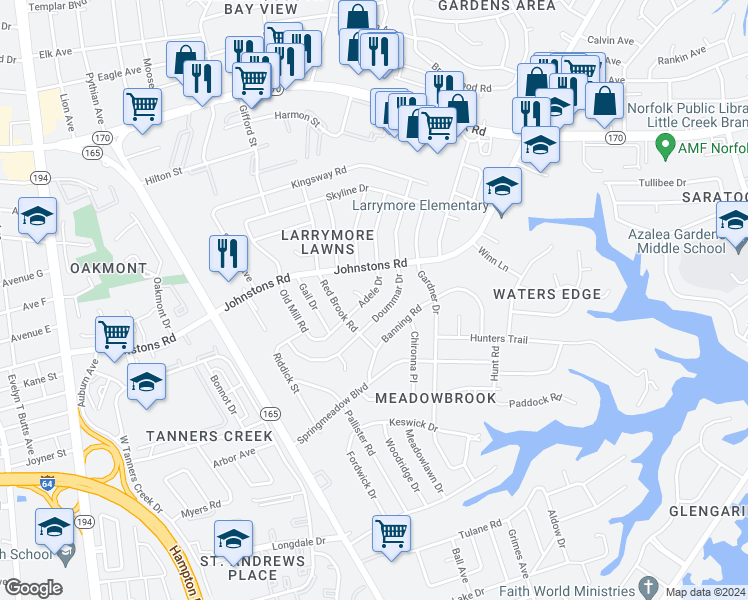 map of restaurants, bars, coffee shops, grocery stores, and more near 7032 Adele Drive in Norfolk